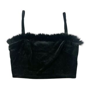 Kittenish Party Girl Black Velvet Spaghetti Strap Crop Top Faux Fur Trim Medium